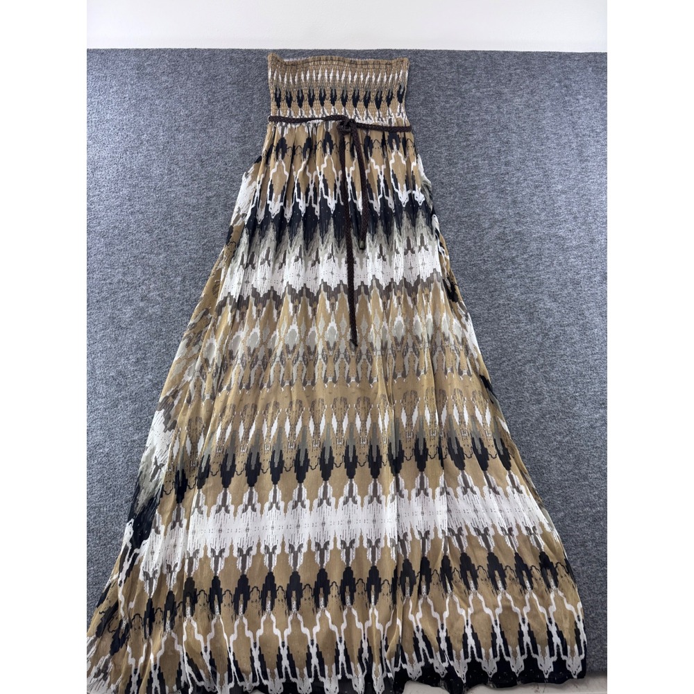 Guess Strapless Maxi Dress Geometric Ikat Print Smocked Bodice Boho Tan Black M - Picture 1 of 5